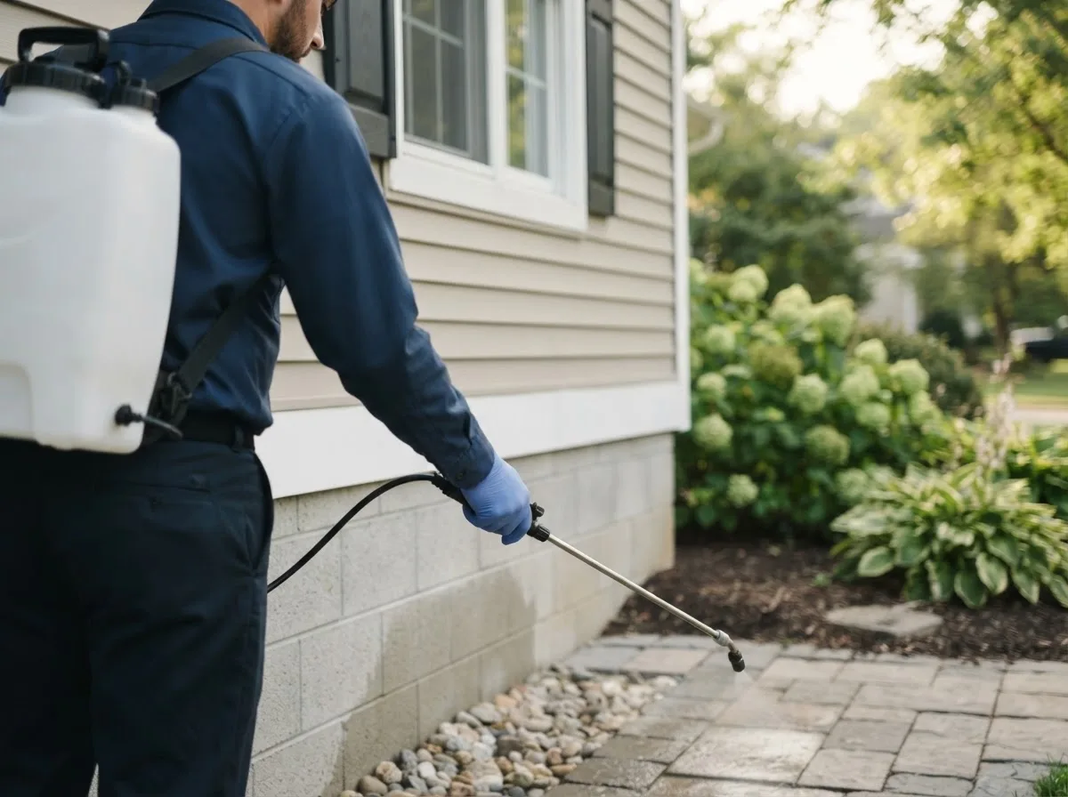 Pest control technician inspecting a home in Harrisburg, OH